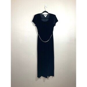 Vintage Womens Metal Chain Velvet Maxi Dress 6 Black 90s Goth Grunge Witch Party